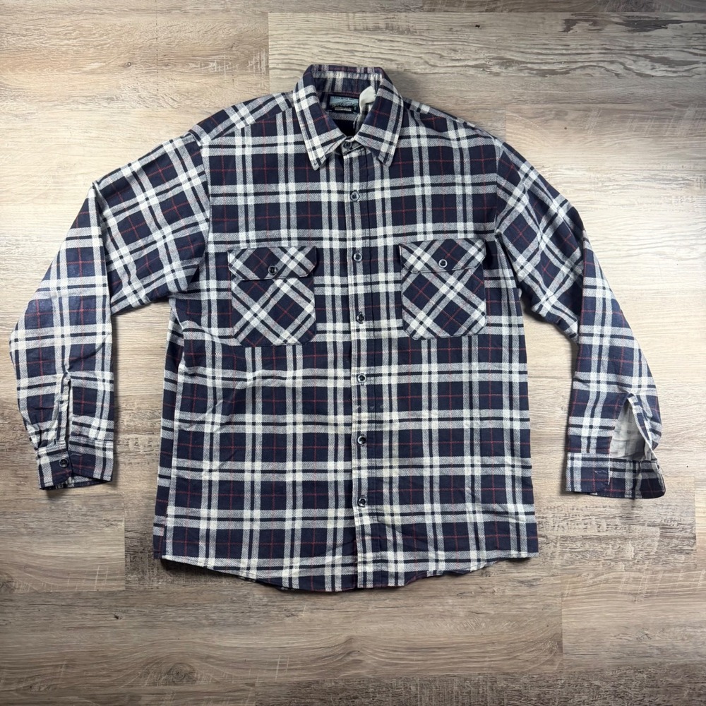 Vintage Fieldmaster Plaid Flannel Shirt Mens Large Tall Navy Blue Made in USA